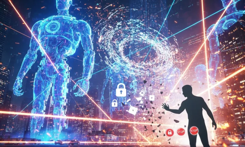 Cyberpunk cityscape with glowing robots, digital locks, and a silhouetted figure.