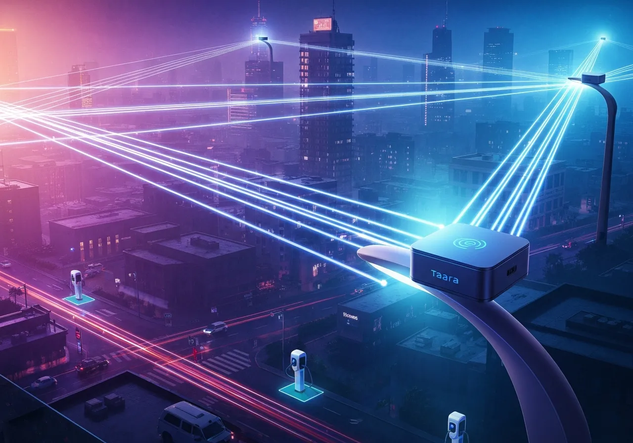Futuristic city with glowing data streams connecting charging stations.
