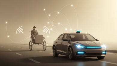 Vintage car and modern self-driving car connected by digital network.