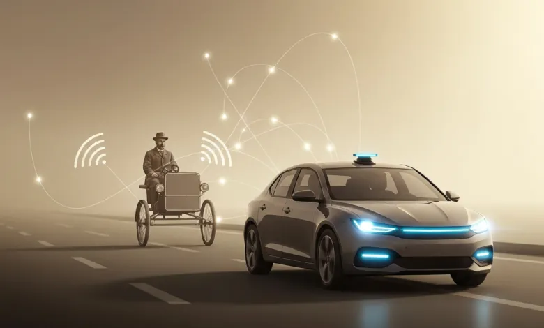 Vintage car and modern self-driving car connected by digital network.