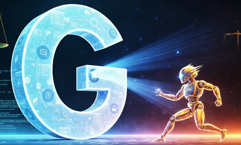 Futuristic image of a robot running towards a glowing 'G' symbol.