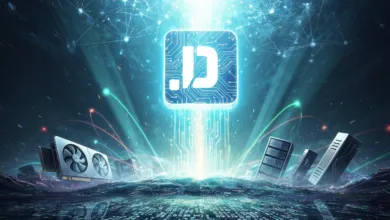 Abstract digital landscape with server hardware and glowing logo.