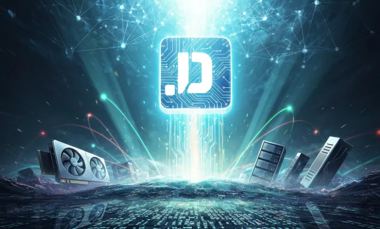 Abstract digital landscape with server hardware and glowing logo.