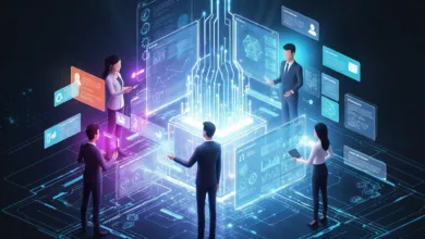 Team collaborates on holographic data displays with glowing blue lines and charts.