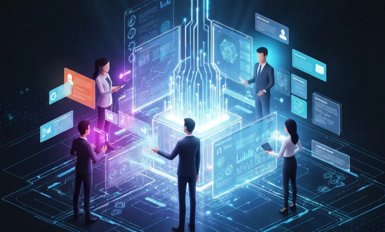 Team collaborates on holographic data displays with glowing blue lines and charts.