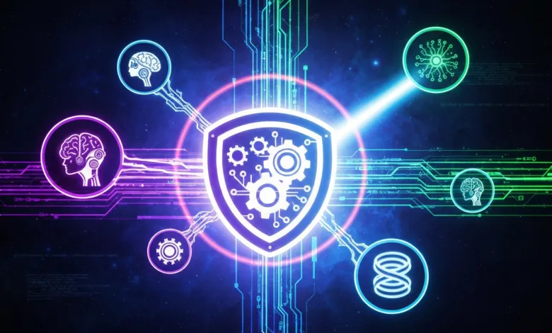 Cybersecurity shield with gears and AI icons connected by digital circuits.