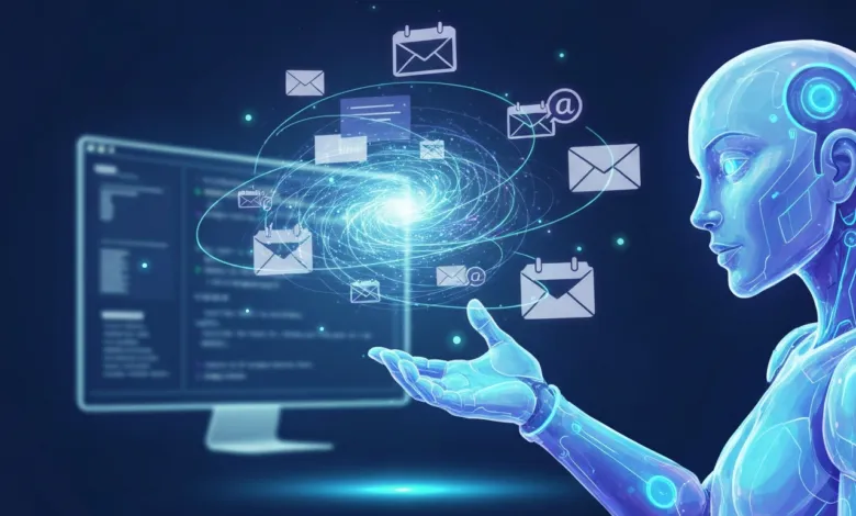 Futuristic AI robot managing email and calendar data on a computer screen.