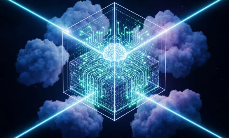 Digital brain inside cube surrounded by clouds and glowing lines.