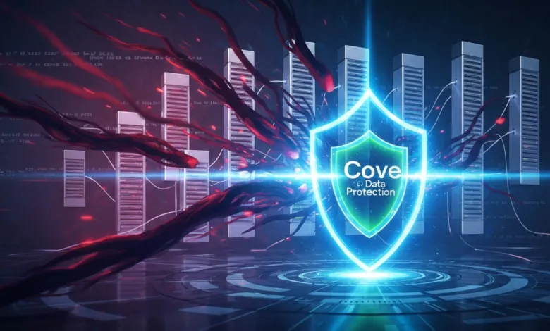 Glowing shield with 'Cove Data Protection' protects data servers from red digital threats.