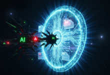 AI viruses attacking a glowing blue digital shield in space.