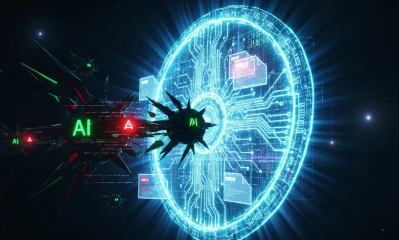 AI viruses attacking a glowing blue digital shield in space.