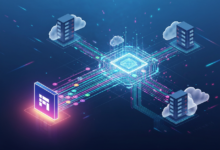 Isometric view of cloud servers connected to a central processing unit.