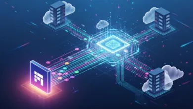Isometric view of cloud servers connected to a central processing unit.