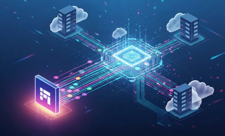 Isometric view of cloud servers connected to a central processing unit.