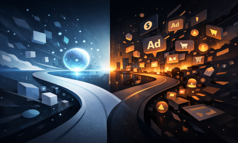 Split image: ad-free blue world vs. ad-supported orange world with icons.