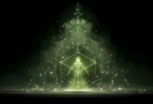 Glowing figure inside geometric structure, green and black.