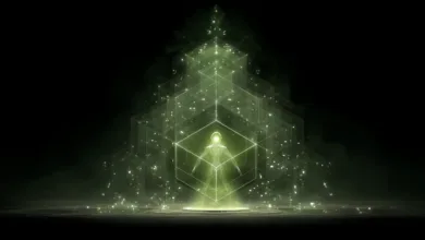 Glowing figure inside geometric structure, green and black.