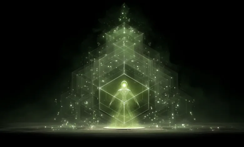 Glowing figure inside geometric structure, green and black.