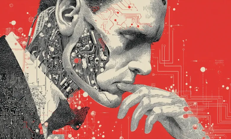 Stylized illustration of a human head with exposed AI components on a red background.