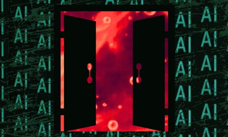 Open doorway with red glow, surrounded by 'AI' text on a dark background.