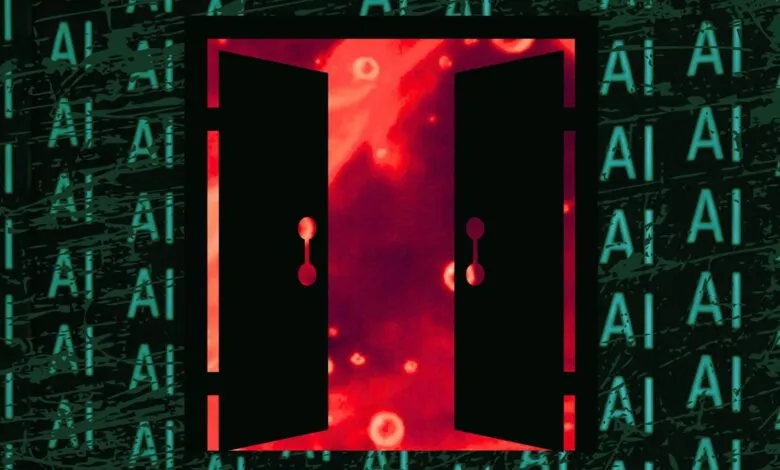 Open doorway with red glow, surrounded by 'AI' text on a dark background.