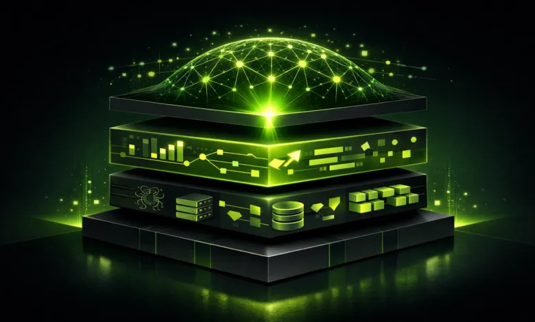 Abstract layered data stack with glowing green network and icons.