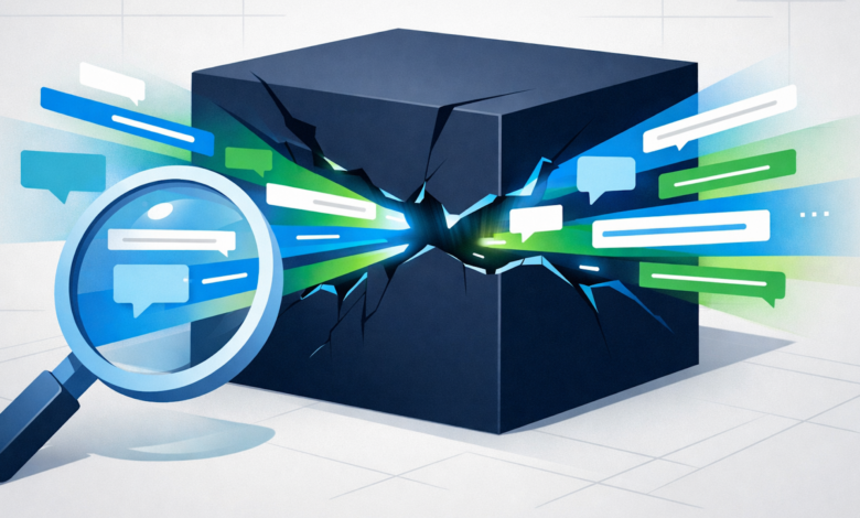 Cracked black box with speech bubbles and magnifying glass.