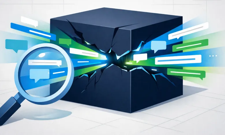 Cracked black box with speech bubbles and magnifying glass.