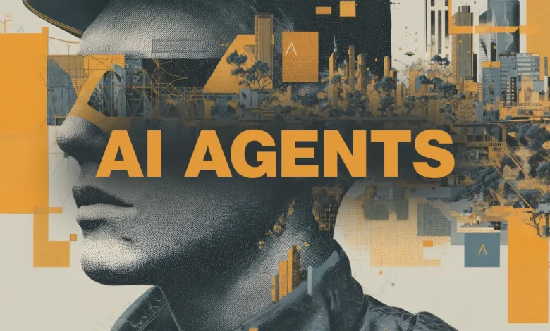 Abstract art featuring a man's profile with cityscapes and the text 'AI Agents'.