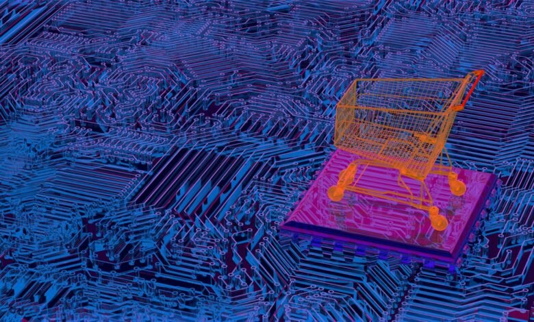 Orange shopping cart on a pink chip against a blue circuit board background.