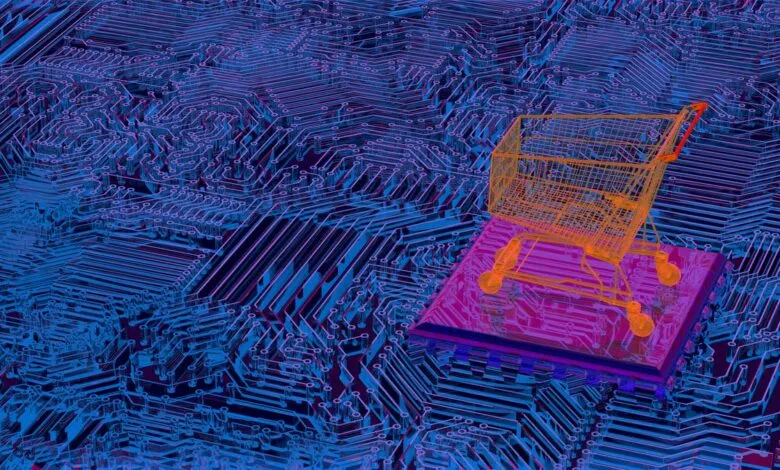 Orange shopping cart on a pink chip against a blue circuit board background.