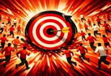 People running towards a bullseye target with an arrow in the center.