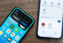 Two phones showing file sharing options: AirDrop on iPhone and Quick Share on Android.