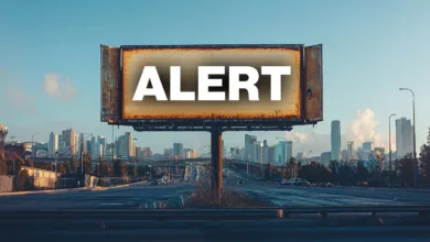 Billboard with the word 'ALERT' against a city skyline.