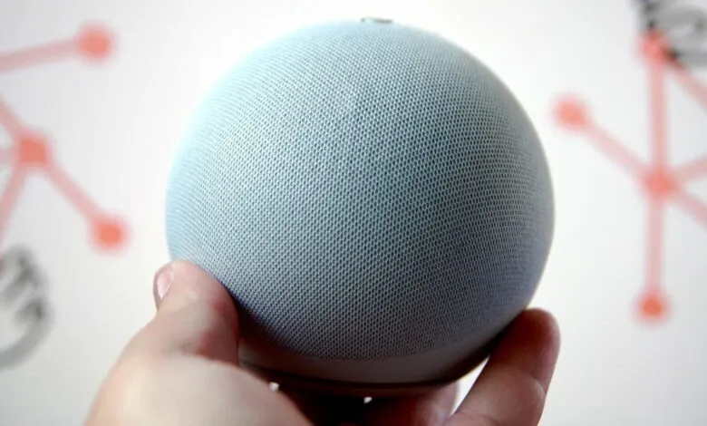 Hand holding a light blue spherical Amazon Echo Dot speaker.