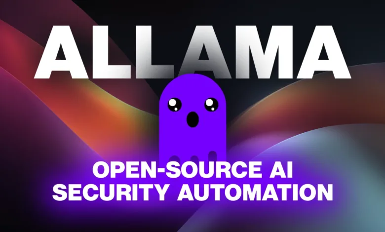 Allama open-source AI security automation with cute purple ghost mascot.