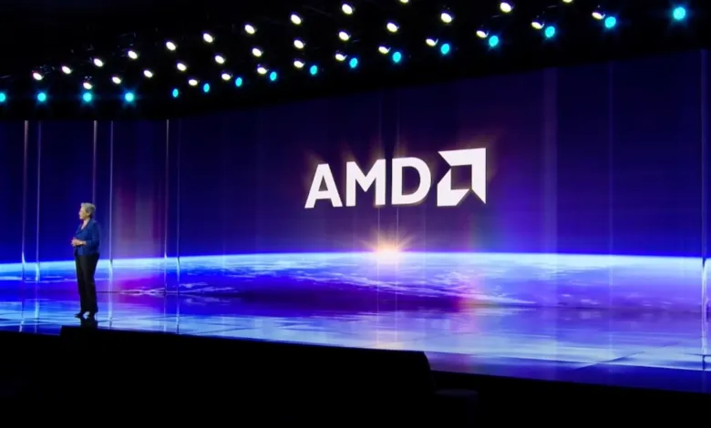 Lisa Su presents at AMD event with logo and Earth backdrop.