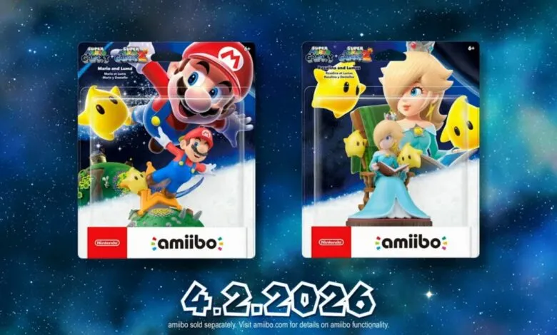 Two Super Mario Galaxy 2 amiibo figures: Mario & Luma, Rosalina & Lumas.