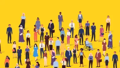 Diverse group of stylized people in business casual attire on yellow background.