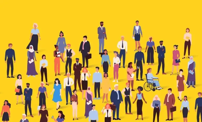Diverse group of stylized people in business casual attire on yellow background.