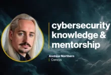 Portrait of Andrew Northern with cybersecurity knowledge and mentorship text.