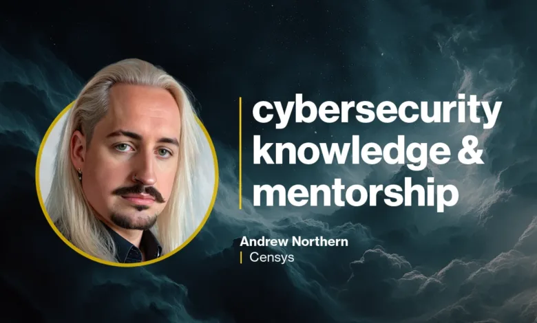 Portrait of Andrew Northern with cybersecurity knowledge and mentorship text.