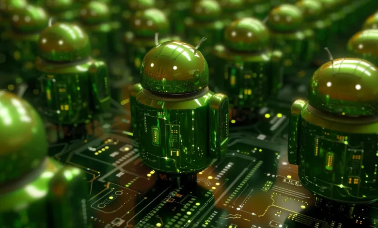 Green Android robots stand on a circuit board, reflecting light.