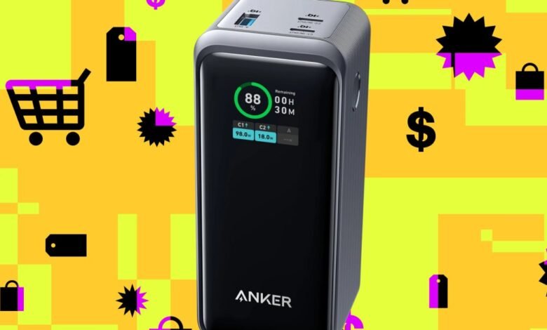 Anker Prime power bank with digital display on a vibrant, patterned background.