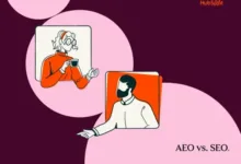 Illustrations of two people representing AEO and SEO concepts.