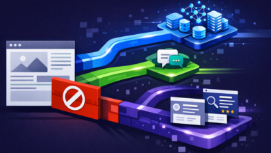 Abstract illustration of data flow with website, chat, and database icons.