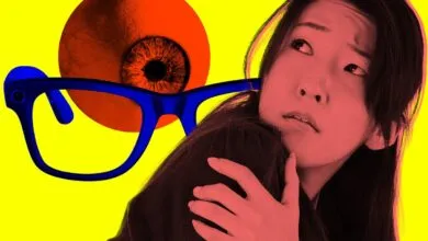 Woman looking scared with blue glasses and a large eye in the background.