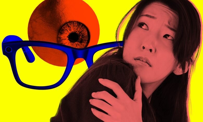 Woman looking scared with blue glasses and a large eye in the background.