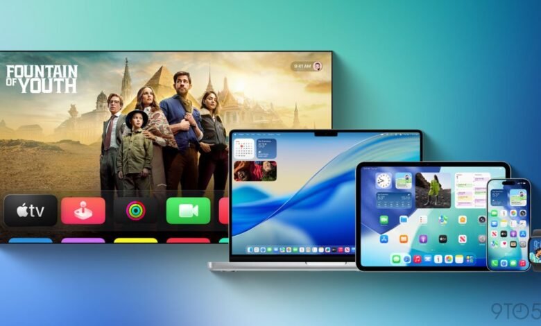 Apple devices lineup: TV, laptop, tablet, phone, and watch display home screens.