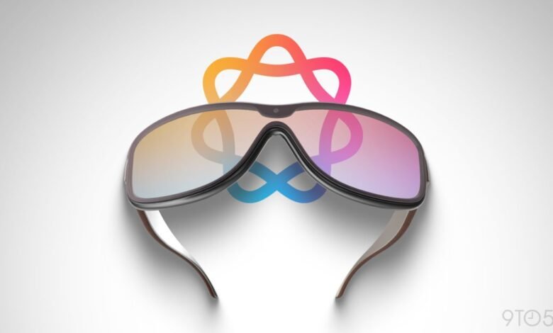 Apple Vision Pro glasses with colorful logo reflection on lenses.